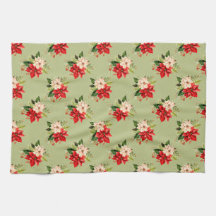 Christmas Botanical Holiday Poinsettia Flowers Tea Towel