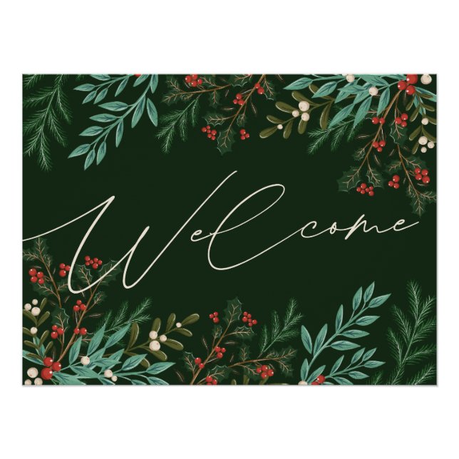 Christmas Botanical Holiday Welcome Green Frame  Poster (Front)