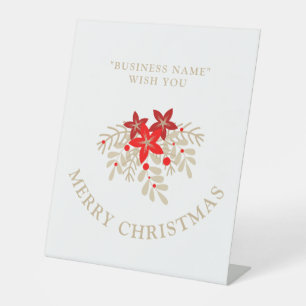 Christmas Botanical Holly Branches and Poinsettias Pedestal Sign
