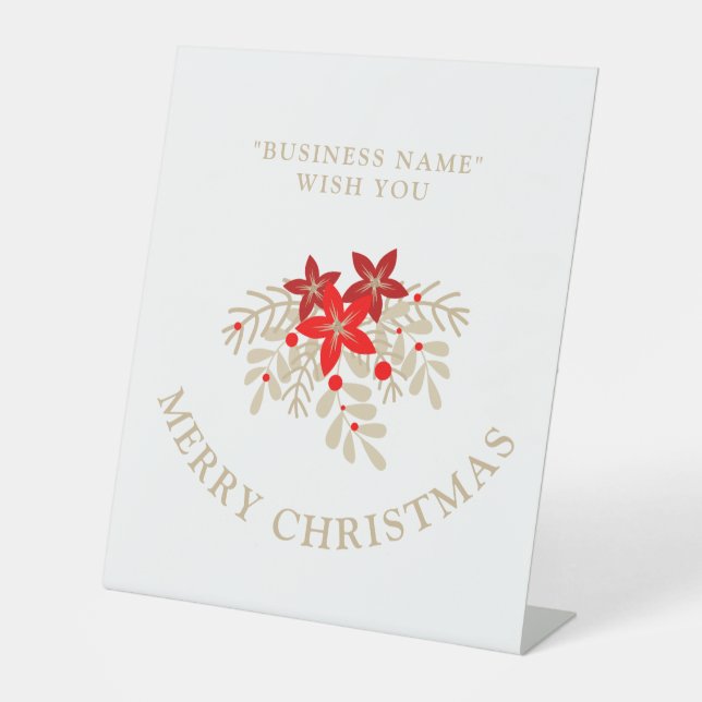 Christmas Botanical Holly Branches and Poinsettias Pedestal Sign (Front)