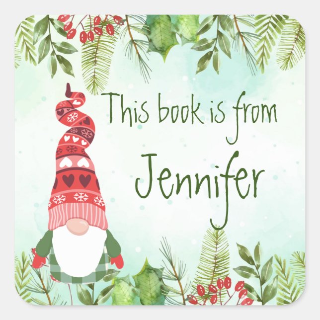 Christmas Botanical Holly Gnome Bookplate Gift Tag (Front)