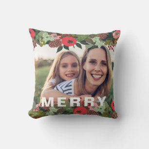 Christmas Botanical Merry Type Holiday Photo Cushion