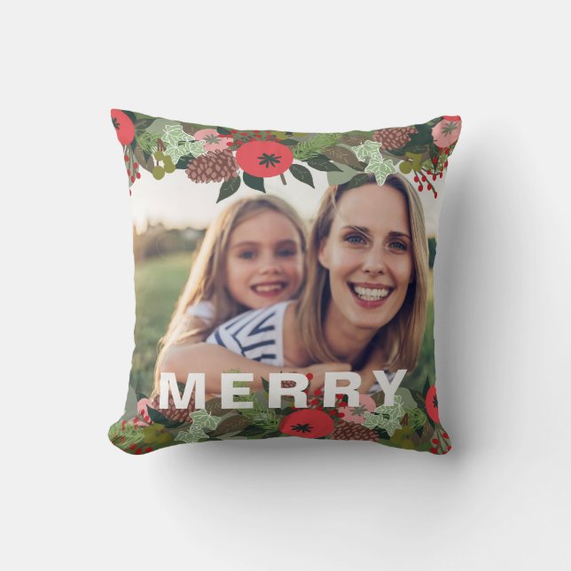 Christmas Botanical Merry Type Holiday Photo Cushion (Front)