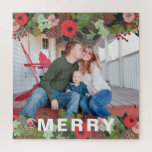 Christmas Botanical Merry Type Holiday Photo Jigsaw Puzzle<br><div class="desc">Beautiful Christmas holiday puzzle features a colourful botanical border with Merry in white typography,  and your favourite photo.</div>