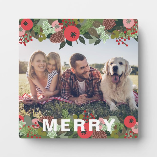 Christmas Botanical Merry Type Holiday Photo Plaque (Front)