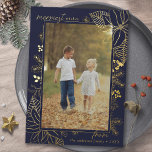 Christmas Botanical | Photo Navy Blue and Gold Foil Holiday Card<br><div class="desc">Elegant Christmas cards featuring one vertical photo framed by golden floral detailing. Dark blue with metallic foil accents. Merriest wishes!</div>
