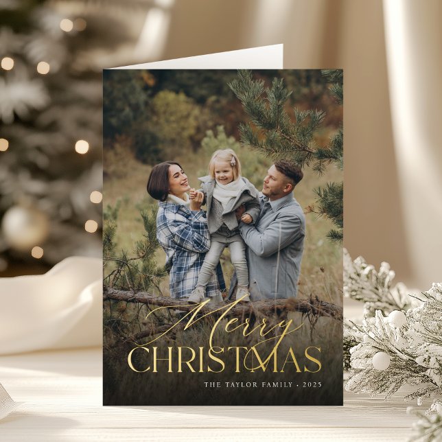 Christmas Botanical Vertical Photo Folded Gold Foil Holiday Card (Creator Uploaded)
