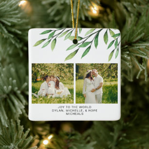 Christmas Botanical Watercolor Family Photo Ceramic Ornament
