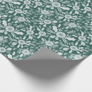 Christmas Botanical Woodcut Green Wrapping Paper