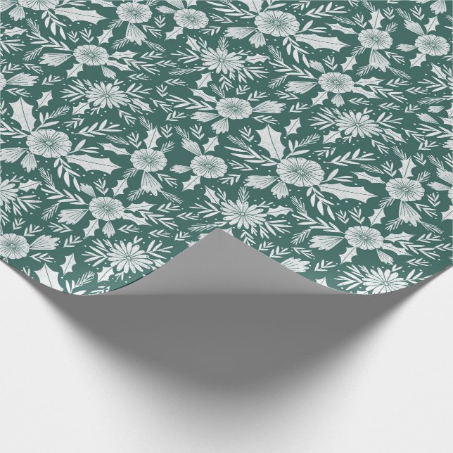 Christmas Botanical Woodcut Green Wrapping Paper (Corner)