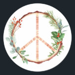 Christmas Botanical Wooden Peace Sign  Classic Round Sticker<br><div class="desc">Illustration of wooden peace sign decorated with Christmas botanical designs such as holly berries,  evergreen,  and mistletoe.</div>