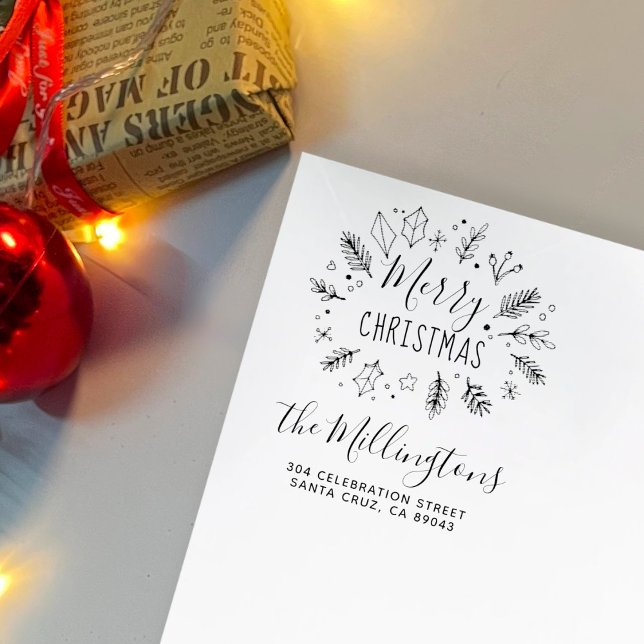 Christmas Botanical Wreath Name Return Address Rubber Stamp (Creator Uploaded)