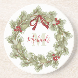 Christmas Botanical Wreath Red Holly Monogram Coaster