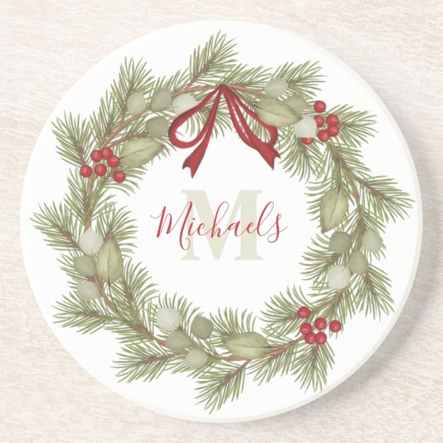 Christmas Botanical Wreath Red Holly Monogram Coaster (Front)