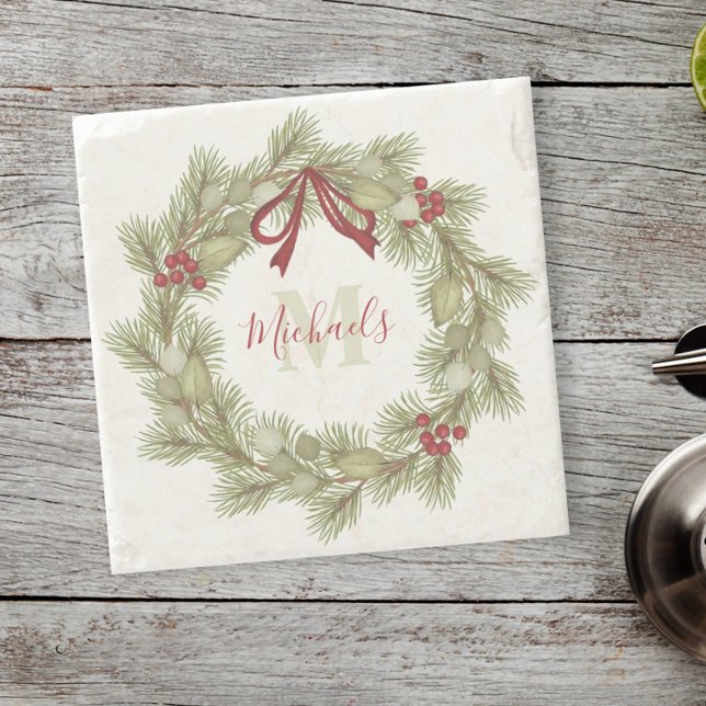 Christmas Botanical Wreath Red Holly Monogram  Stone Coaster (Creator Uploaded)