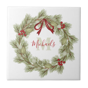 Christmas Botanical Wreath Red Holly Monogram Tile
