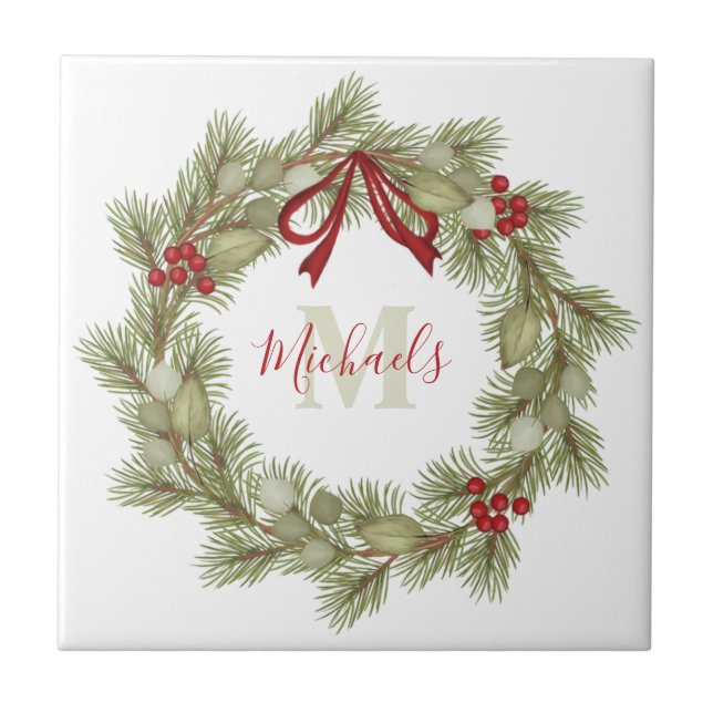 Christmas Botanical Wreath Red Holly Monogram Tile (Front)