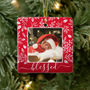 Christmas Botanicals Blessed Red Ceramic Ornament