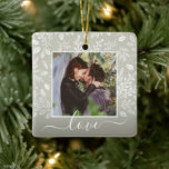 Christmas Botanicals Ceramic Ornament<br><div class="desc">Your favorite photo on white leaves, berries and dots and ANY COLOR background (we show black.) CHANGE the word LOVE to anything! TIP: Put your text between the squares to retain the text swashes - upload a high resolution, photo cropped to square shape. This Christmas ornament makes a memorable gift...</div>