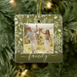 Christmas Botanicals Ceramic Ornament<br><div class="desc">Your favorite photo on white leaves, berries and dots and ANY COLOR background (we show green.) CHANGE the word FAMILY to anything! TIP: Put your text between the squares to retain the text swashes - upload a high resolution, photo cropped to square shape. This Christmas ornament makes a memorable gift...</div>
