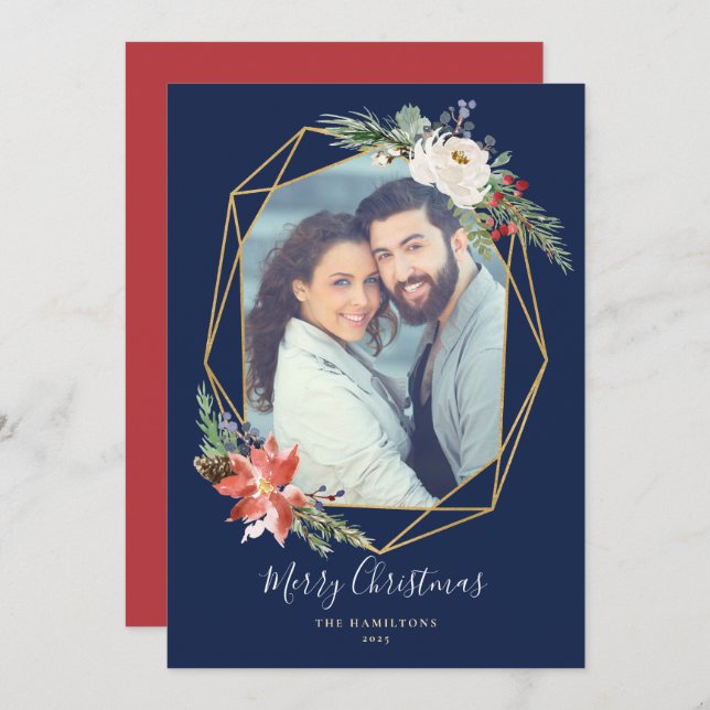 Christmas Botanicals Geometric Blue Photo Holiday Card (Front/Back)