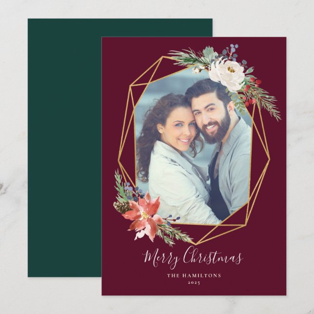 Christmas Botanicals Geometric Red Photo Holiday Card (Front/Back)