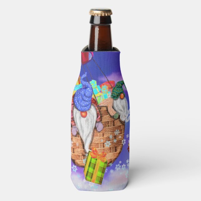 Christmas Bottle Cooler Gnomes Flying Gives Gifts (Bottle Front)