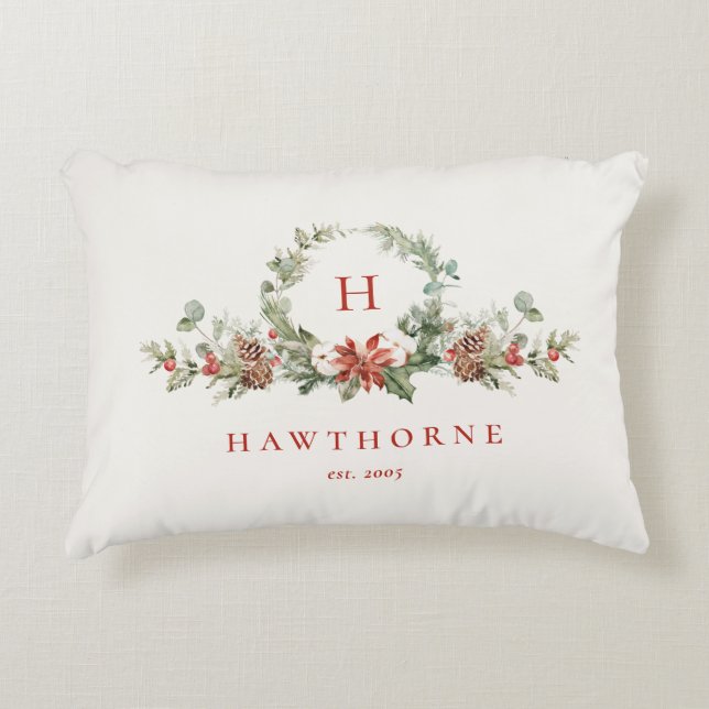 Christmas Boughs Monogram Holiday Decorative Cushion (Front)