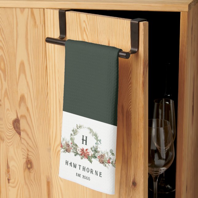 Christmas Boughs Monogram Holiday Tea Towel (Thirds Fold)