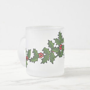Christmas Boughs of Holly Red Green White Frosted Glass Coffee Mug