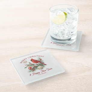 Christmas Bouquet Red Robin Custom Typography Glass Coaster