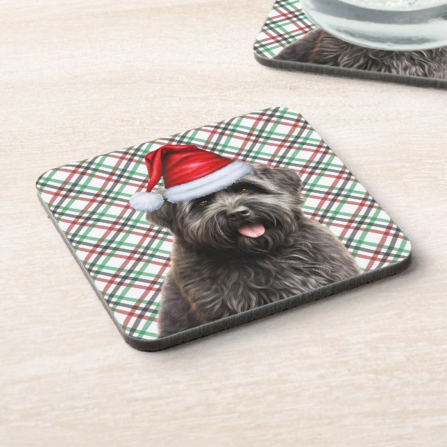 Christmas Bouvier Dog Red Green Plaid Holiday Coaster (Left Side)