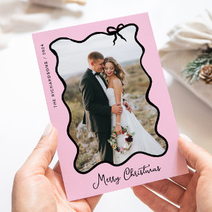 Christmas Bow   Black and Blush Pink Photo Frame Holiday Card