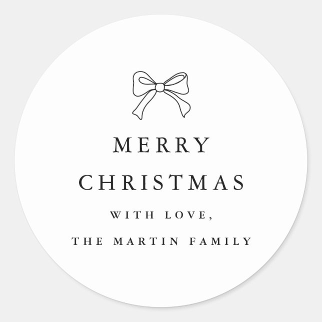 Christmas Bow Black and White Personalised Holiday Classic Round Sticker (Front)
