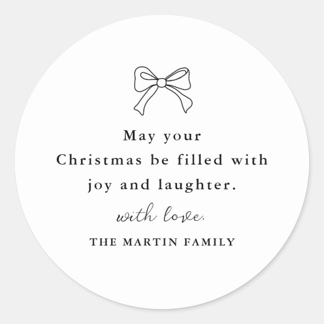 Christmas Bow Black and White Personalised Holiday Classic Round Sticker (Front)