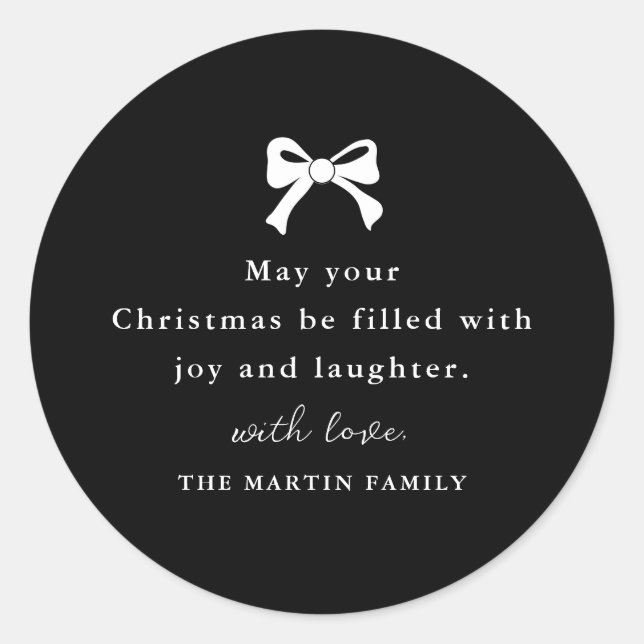 Christmas Bow Black and White Personalised Holiday Classic Round Sticker (Front)