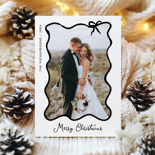 Christmas Bow   Chic Black and White Photo Frame Holiday Card