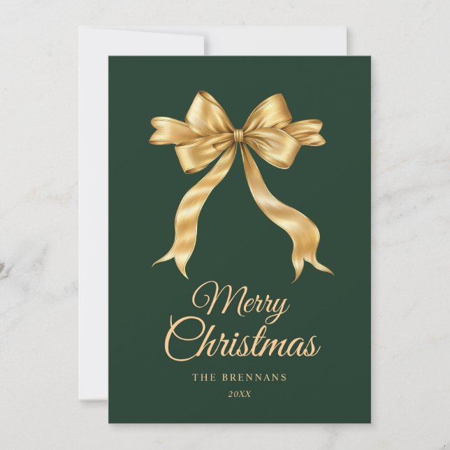 Christmas Bow Elegant Minimalist Green Gold Holiday Card (Front)