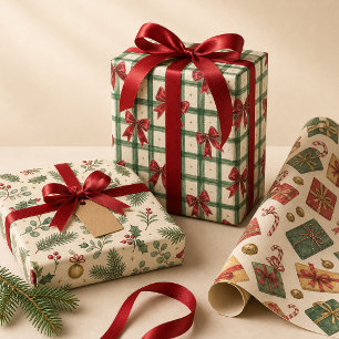 Christmas Bow Gingham Wrapping Paper