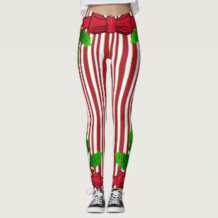 Christmas Bow & Holly Candy Cane Print Leggings
