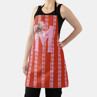 Christmas Bow Initial Name Pink Red Apron