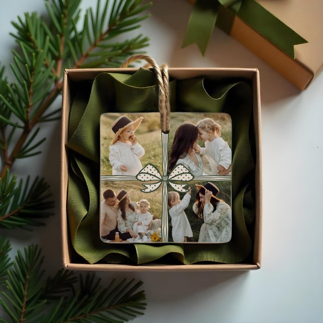 Christmas Bow Present Four Photo Collage Keepsake Ceramic Ornament (Christmas Bow Present Four Photo Collage Keepsake Ceramic Ornament)