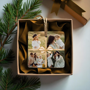 Christmas Bow Present Four Photo Collage Keepsake Ceramic Ornament