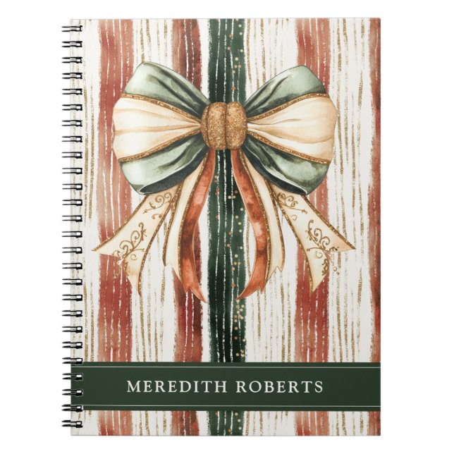 Christmas Bow Rustic Stripes Personalised Notebook (Front)
