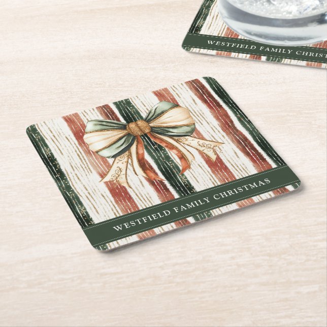 Christmas Bow Rustic Stripes Personalised Square Paper Coaster (Angled)