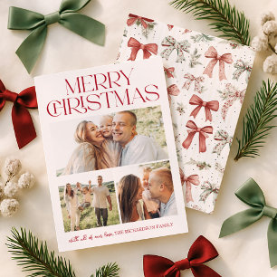 Christmas Bow Three Photo Holiday Card