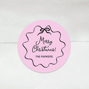 Christmas Bow   Wavy Blush Pink and Black Classic Round Sticker