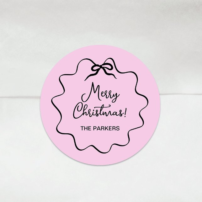 Christmas Bow | Wavy Blush Pink and Black Classic Round Sticker (Creator Uploaded)