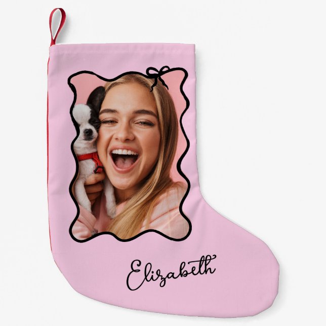 Christmas Bow | Wavy Blush Pink and Black Photo Small Christmas Stocking (Front)