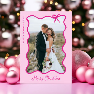 Christmas Bow   Wavy Pink Photo Frame Holiday Card
